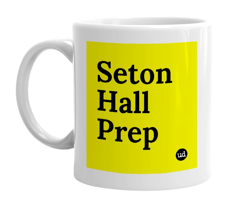 White mug with 'Seton Hall Prep' in bold black letters