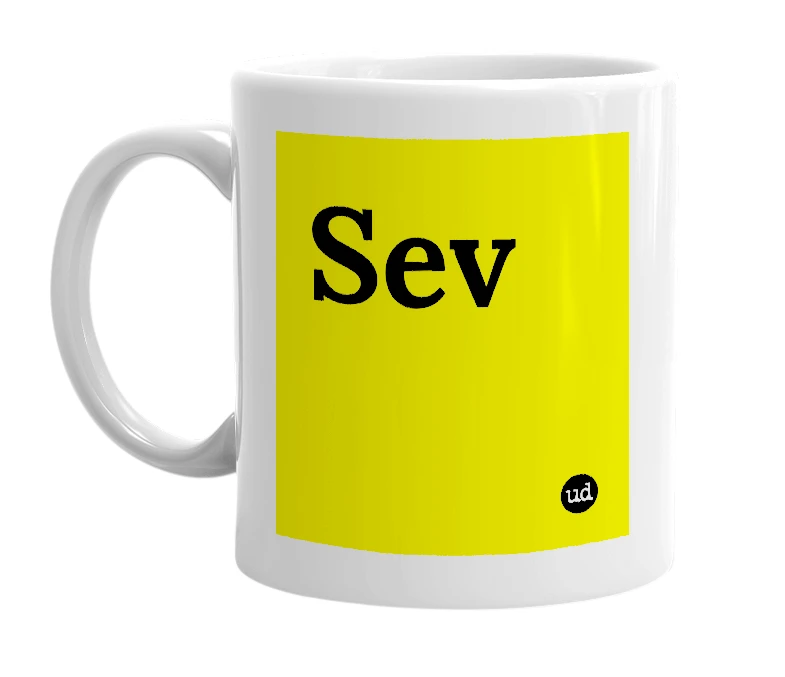 White mug with 'Sev' in bold black letters