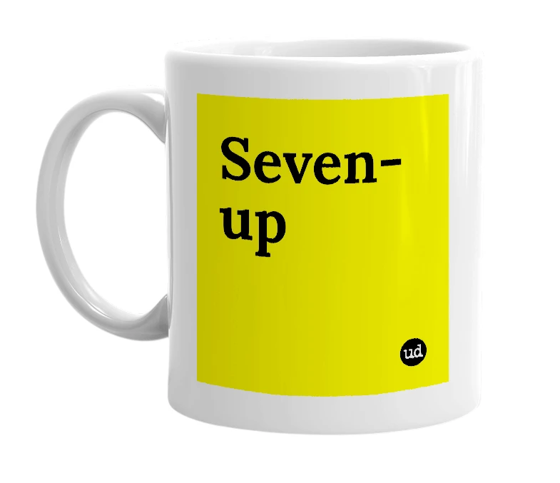 White mug with 'Seven-up' in bold black letters