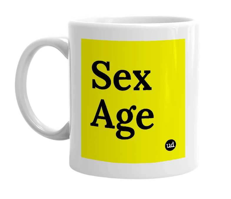 White mug with 'Sex Age' in bold black letters