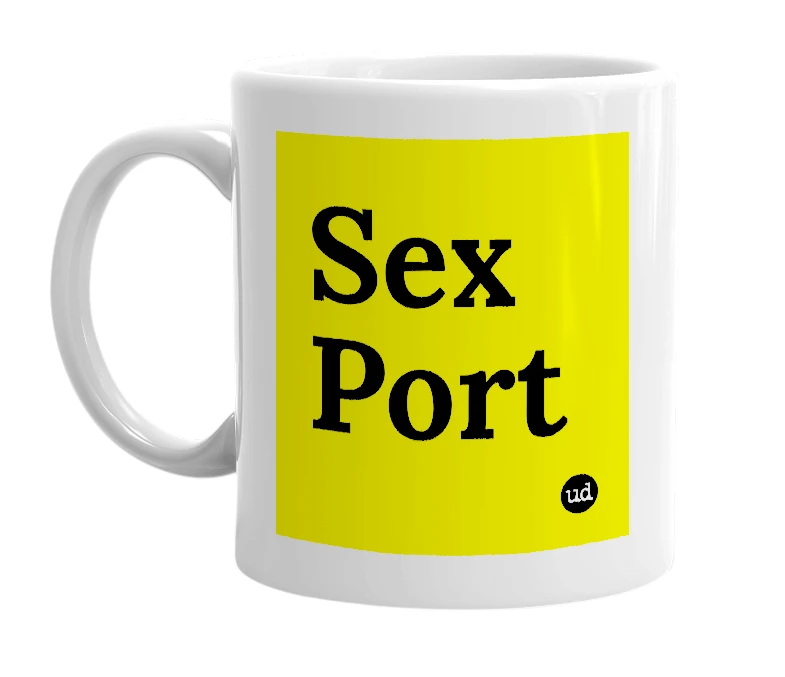 White mug with 'Sex Port' in bold black letters