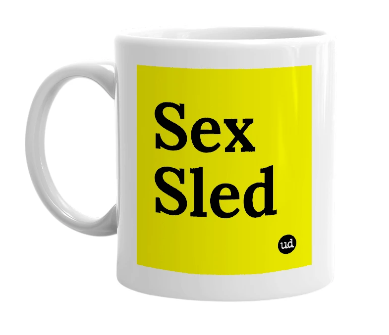 White mug with 'Sex Sled' in bold black letters