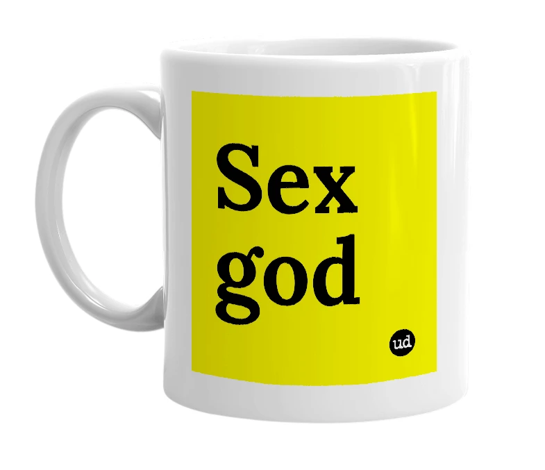 White mug with 'Sex god' in bold black letters