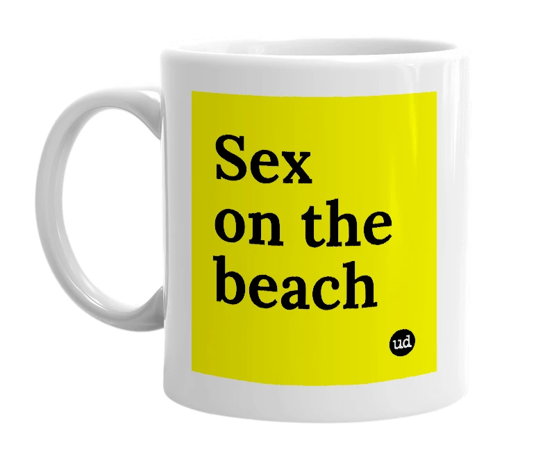 White mug with 'Sex on the beach' in bold black letters