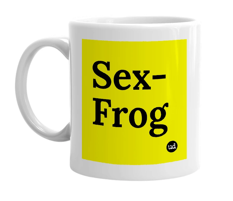 White mug with 'Sex-Frog' in bold black letters