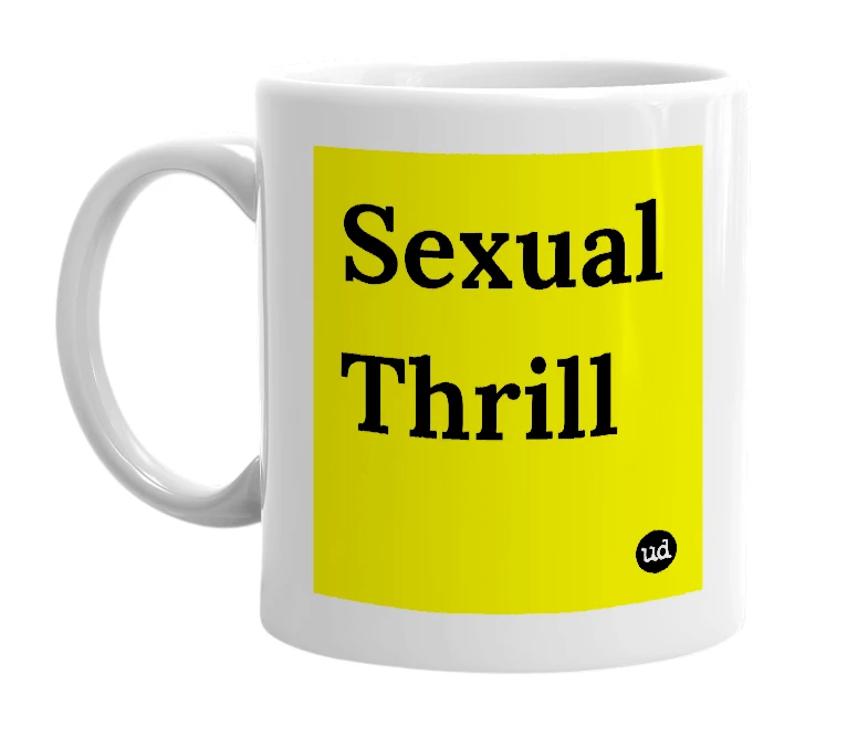 White mug with 'Sexual Thrill' in bold black letters