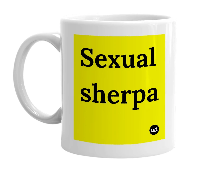 White mug with 'Sexual sherpa' in bold black letters