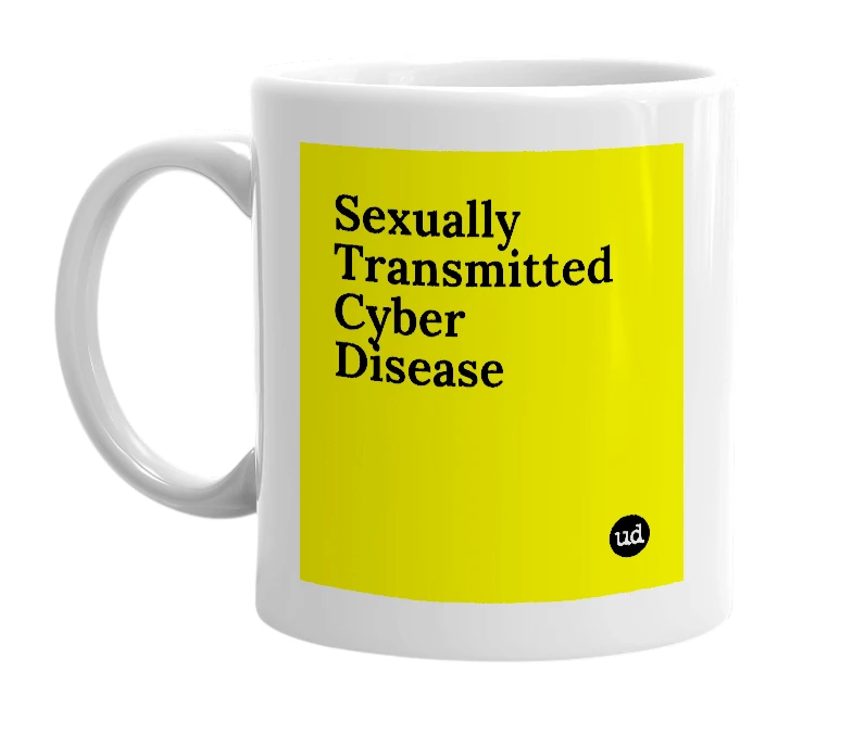 White mug with 'Sexually Transmitted Cyber Disease' in bold black letters