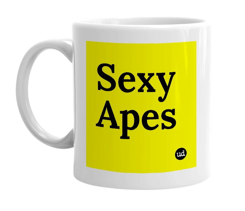 White mug with 'Sexy Apes' in bold black letters