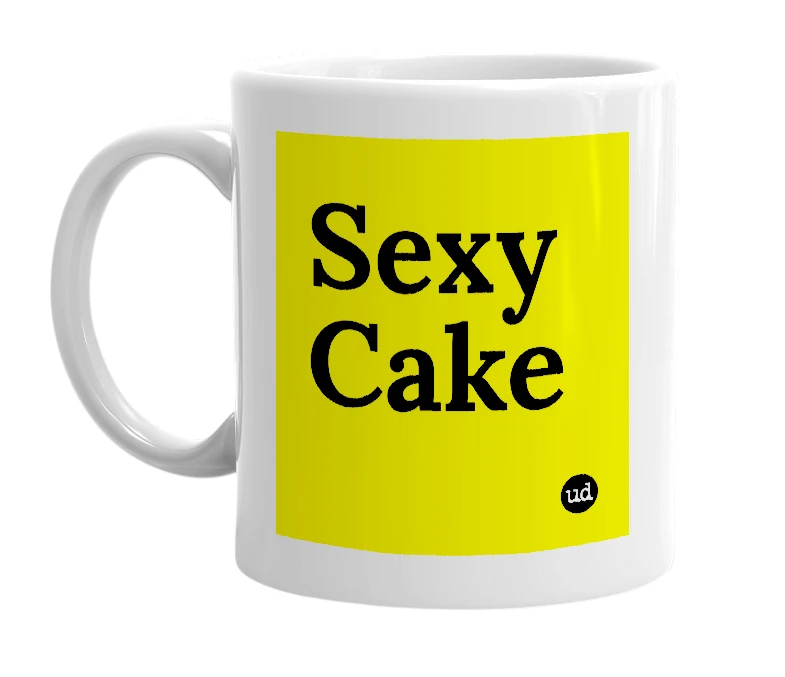White mug with 'Sexy Cake' in bold black letters