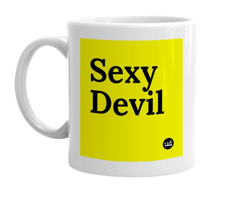 White mug with 'Sexy Devil' in bold black letters
