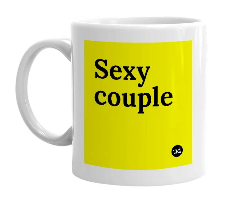White mug with 'Sexy couple' in bold black letters