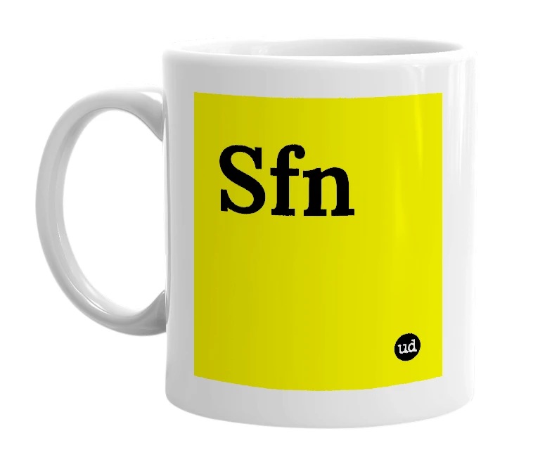 White mug with 'Sfn' in bold black letters