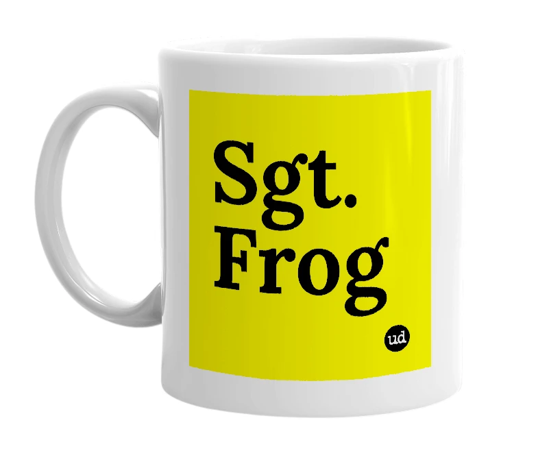 White mug with 'Sgt. Frog' in bold black letters