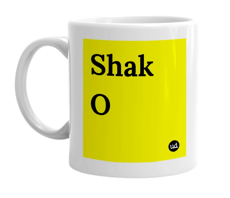 White mug with 'Shak O' in bold black letters