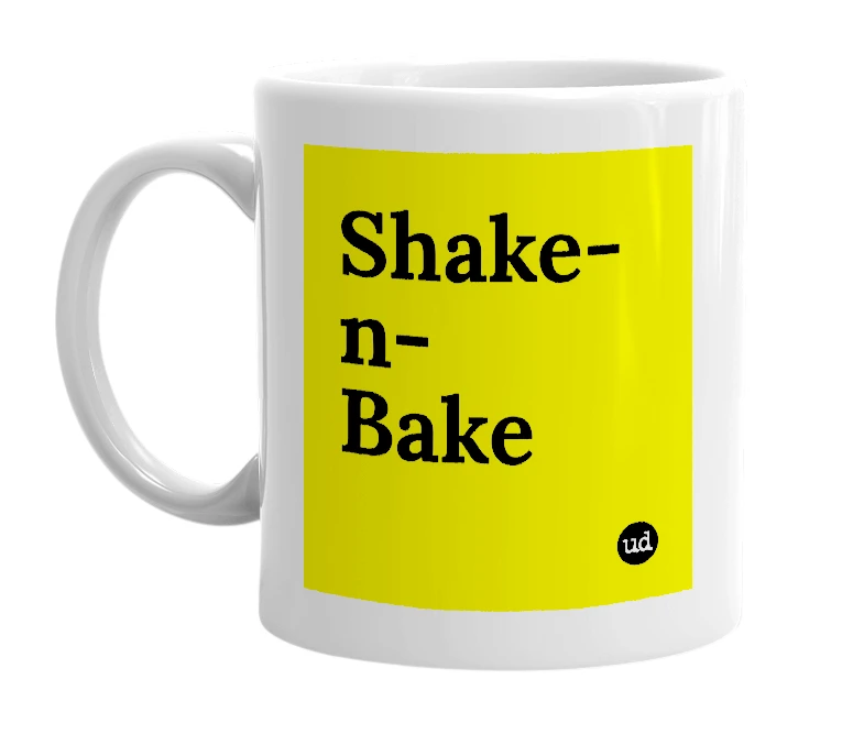 White mug with 'Shake-n-Bake' in bold black letters