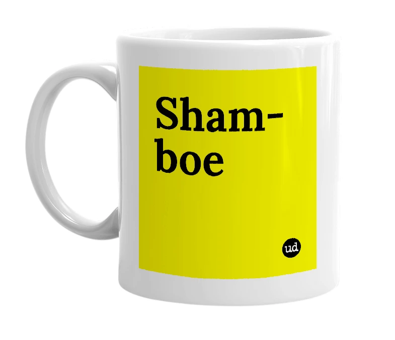 White mug with 'Sham-boe' in bold black letters