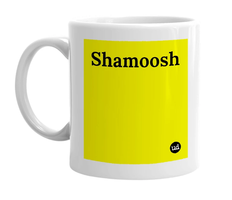 White mug with 'Shamoosh' in bold black letters
