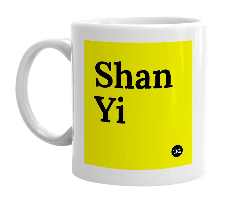 White mug with 'Shan Yi' in bold black letters