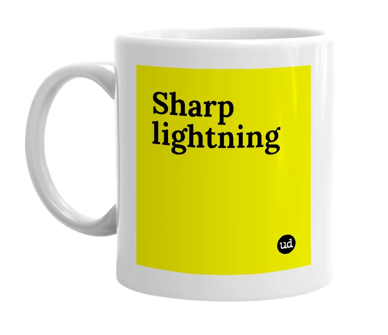 White mug with 'Sharp lightning' in bold black letters
