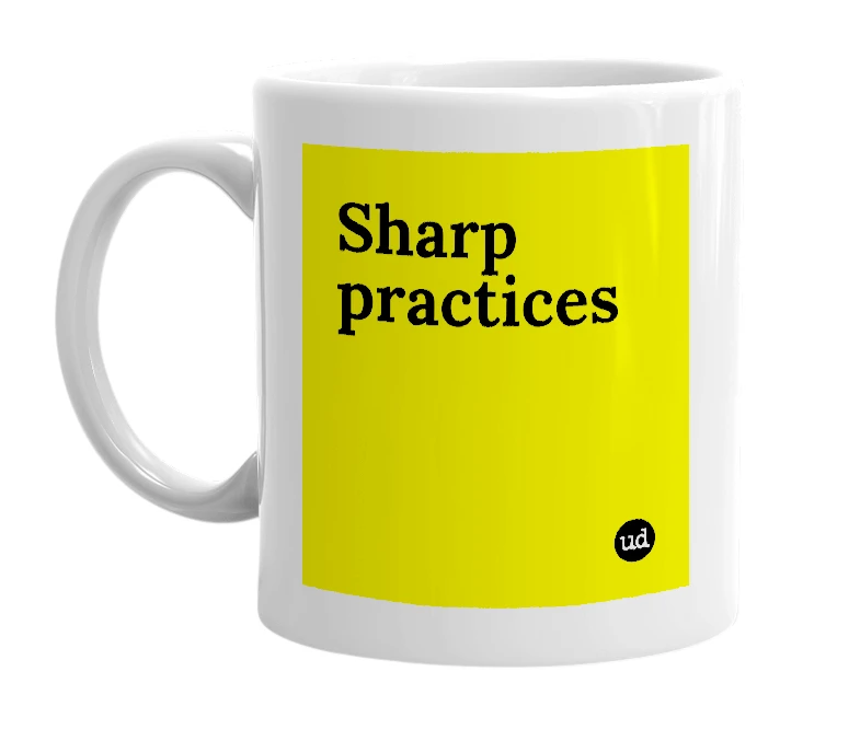 White mug with 'Sharp practices' in bold black letters