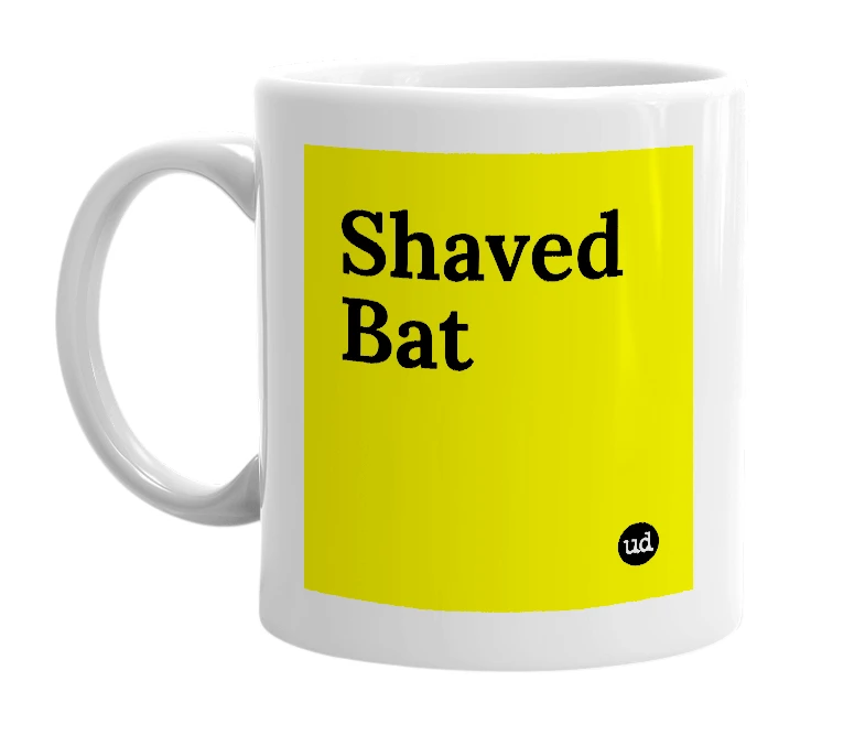 White mug with 'Shaved Bat' in bold black letters