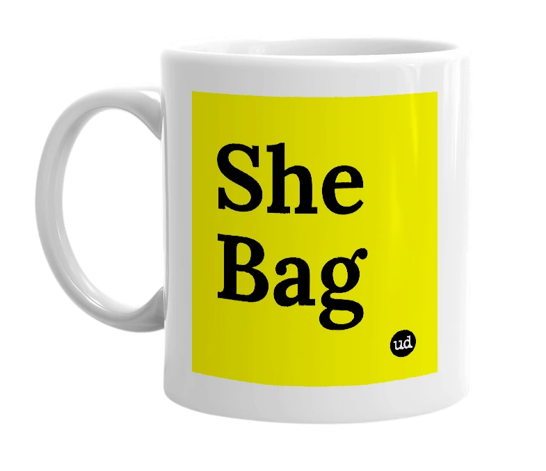 White mug with 'She Bag' in bold black letters