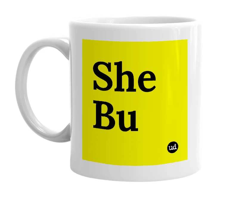 White mug with 'She Bu' in bold black letters