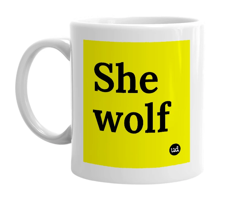 White mug with 'She wolf' in bold black letters