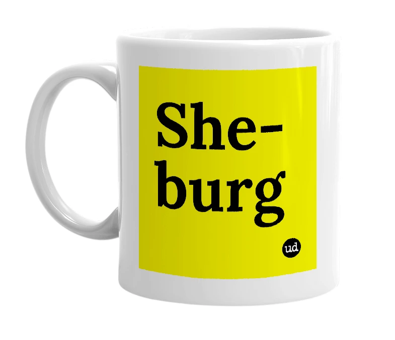 White mug with 'She-burg' in bold black letters