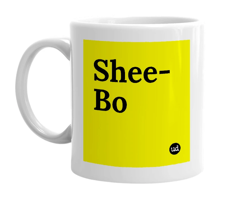 White mug with 'Shee-Bo' in bold black letters