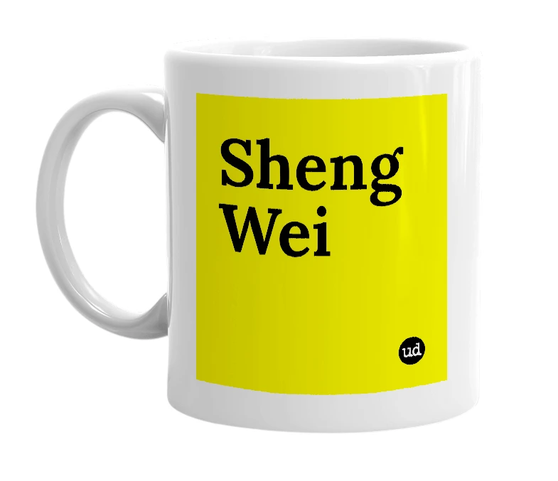 White mug with 'Sheng Wei' in bold black letters