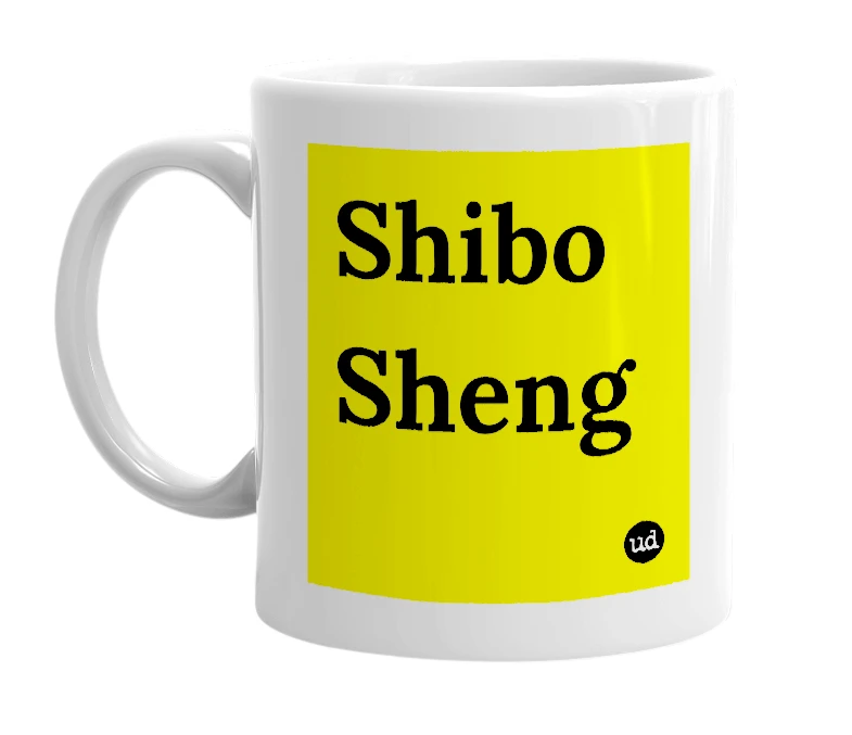 White mug with 'Shibo Sheng' in bold black letters