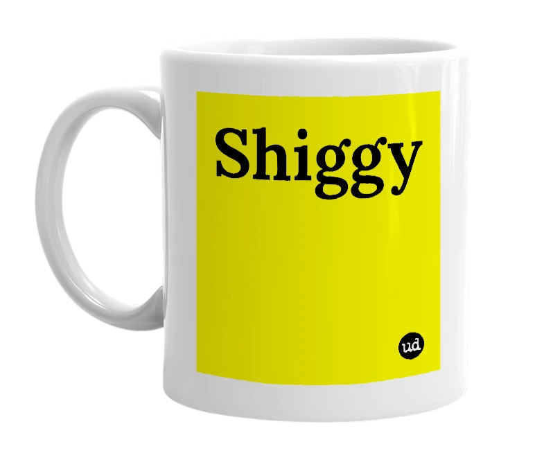 White mug with 'Shiggy' in bold black letters
