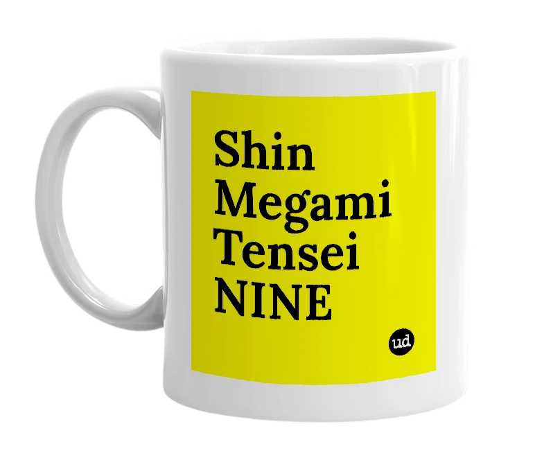 White mug with 'Shin Megami Tensei NINE' in bold black letters