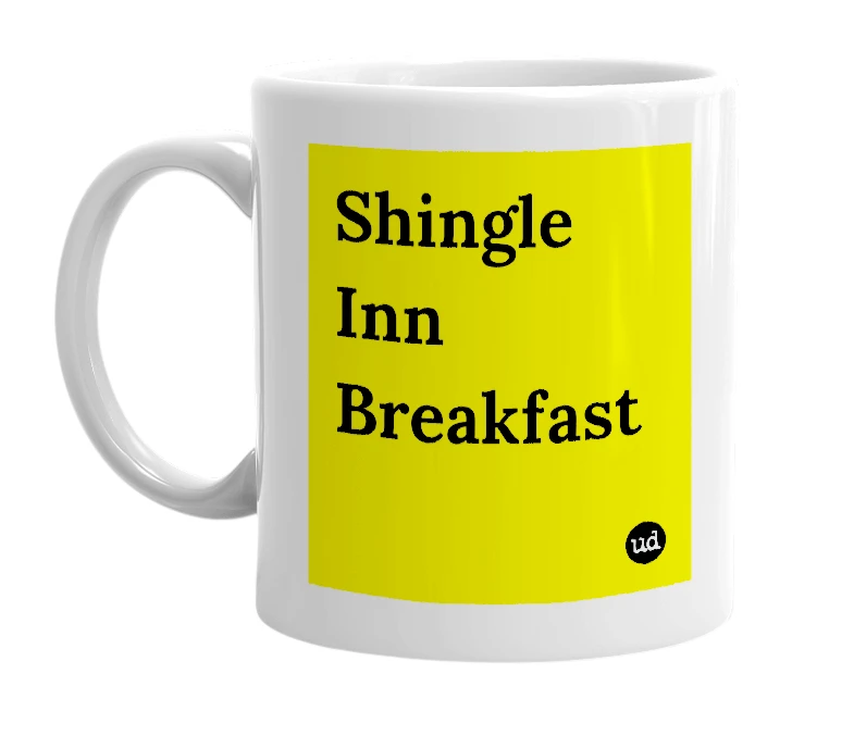 White mug with 'Shingle Inn Breakfast' in bold black letters