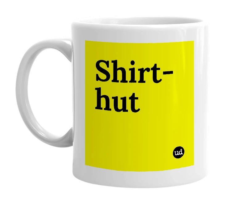 White mug with 'Shirt-hut' in bold black letters