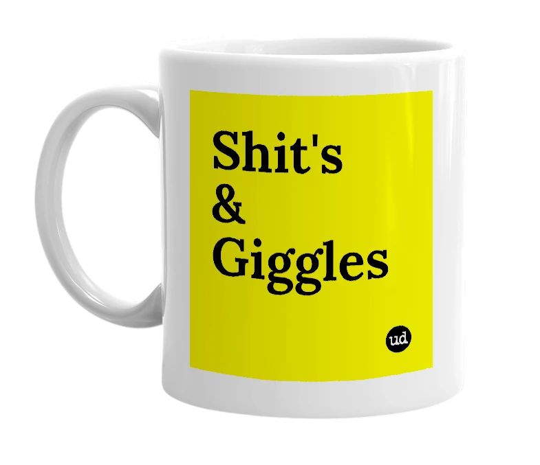 White mug with 'Shit's & Giggles' in bold black letters