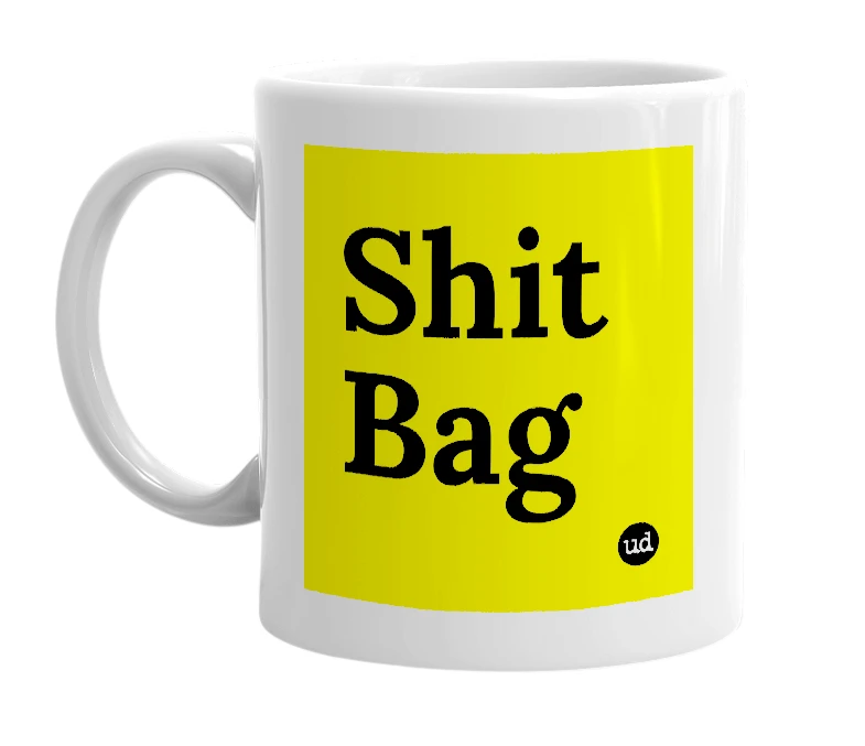 White mug with 'Shit Bag' in bold black letters