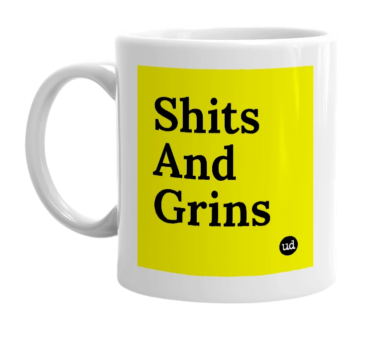 White mug with 'Shits And Grins' in bold black letters