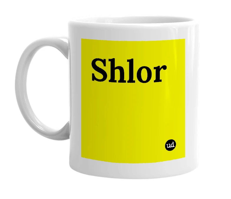 White mug with 'Shlor' in bold black letters