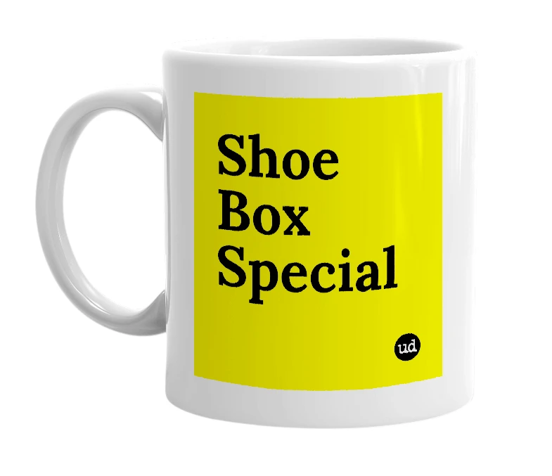 White mug with 'Shoe Box Special' in bold black letters