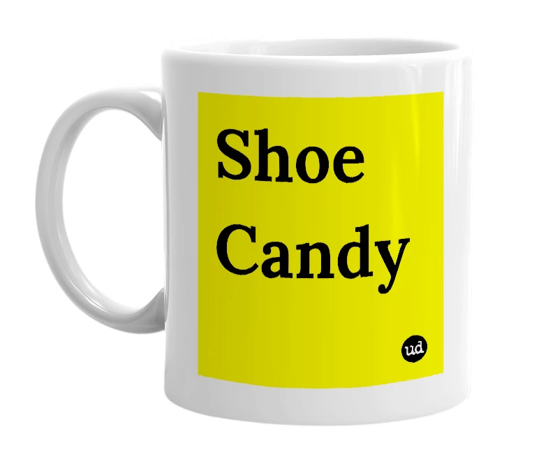 White mug with 'Shoe Candy' in bold black letters