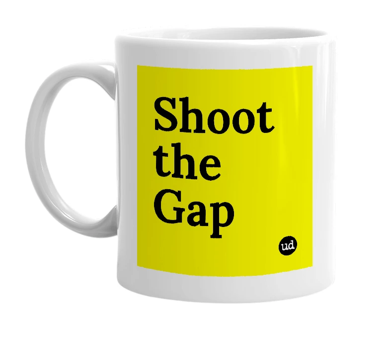 White mug with 'Shoot the Gap' in bold black letters
