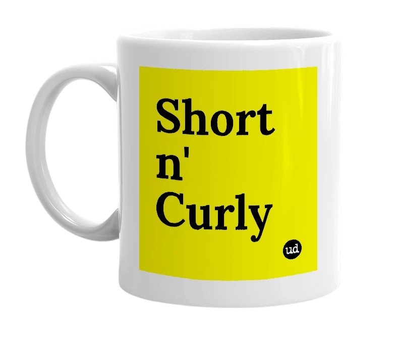 White mug with 'Short n' Curly' in bold black letters