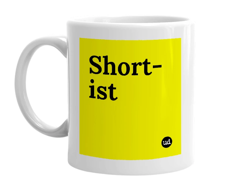 White mug with 'Short-ist' in bold black letters