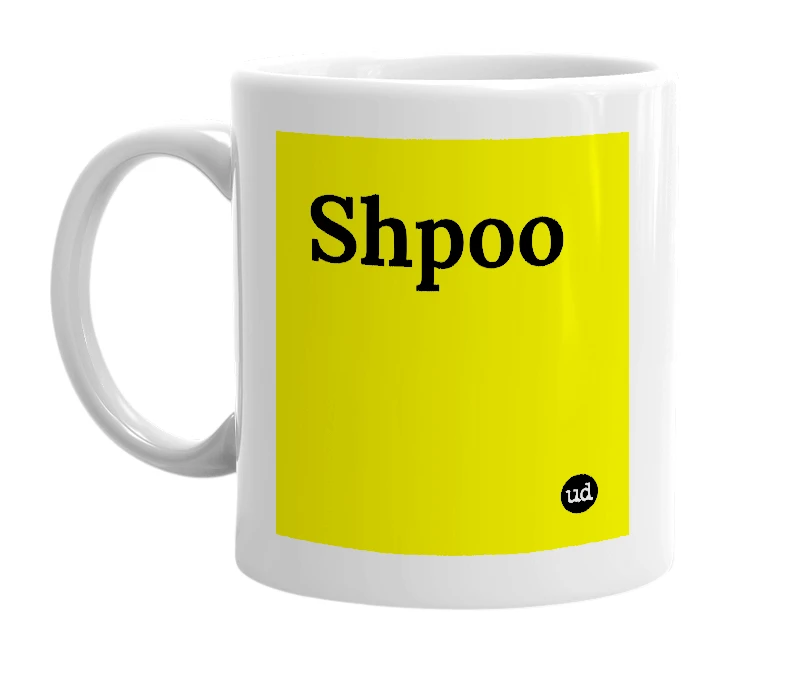 White mug with 'Shpoo' in bold black letters