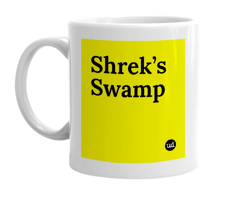 White mug with 'Shrek’s Swamp' in bold black letters