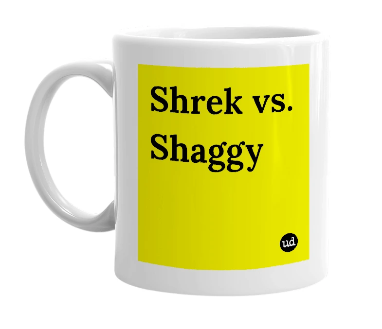 White mug with 'Shrek vs. Shaggy' in bold black letters