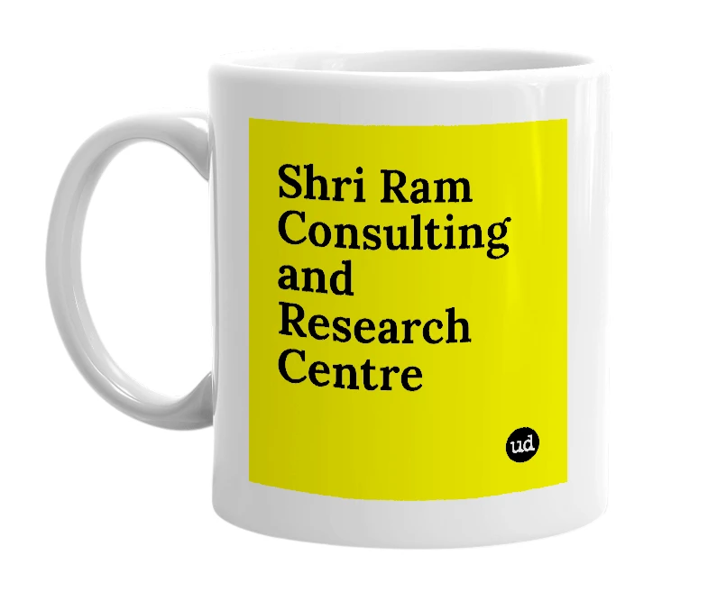 White mug with 'Shri Ram Consulting and Research Centre' in bold black letters